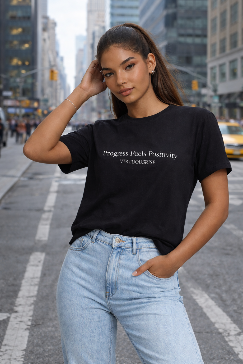 VirtuousRise Progress Fuels Positivity motivational streetwear t-shirt styled in modern city environment inspirational apparel
