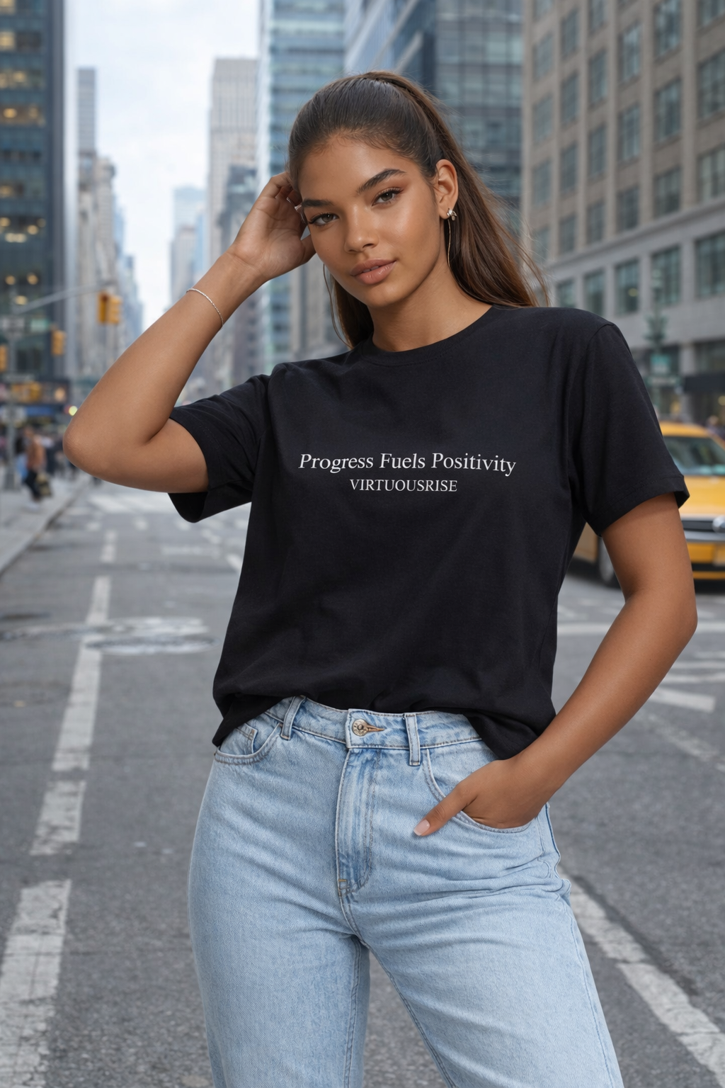 Model wearing VirtuousRise Progress Fuels Positivity motivational streetwear t-shirt, premium purpose-driven apparel styled in a modern city environment